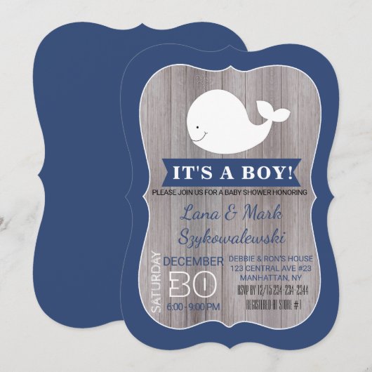 White Whale Ahoy Navy Blue Rustic Shower Invite Kaart (Voorkant / Achterkant)