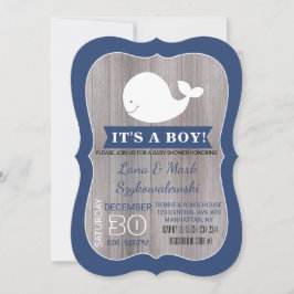 White Whale Ahoy Navy Blue Rustic Shower Invite Kaart