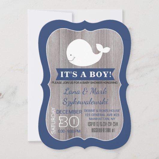 White Whale Ahoy Navy Blue Rustic Shower Invite Kaart (Voorkant)