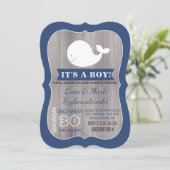 White Whale Ahoy Navy Blue Rustic Shower Invite Kaart (Staand voorkant)