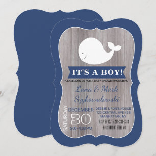White Whale Ahoy Navy Blue Rustic Shower Invite Kaart
