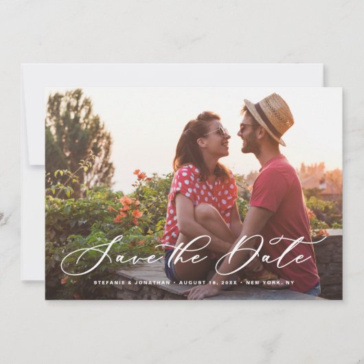 White Whimsical Calligraphy Overlay Foto Save The Date (Voorkant)