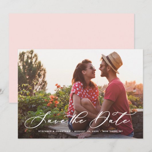 White Whimsical Calligraphy Overlay Foto Save The Date (Voorkant / Achterkant)