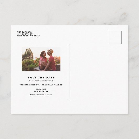 White Whimsical Calligraphy Photo Save the Date Aankondigingskaart (Achterkant)