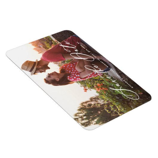 White Whimsical Calligraphy Photo Save the Date Magneet (Rechterzijde)