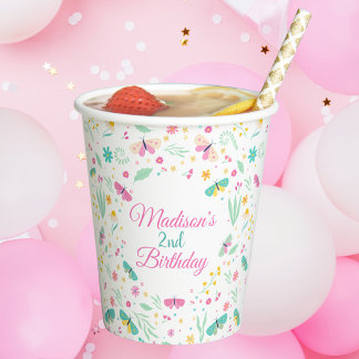 White Whimsical Garden Butterfly Girls Birthday Papieren Bekers