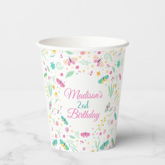White Whimsical Garden Butterfly Girls Birthday Papieren Bekers (Achterkant)
