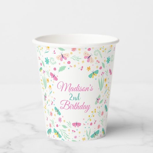 White Whimsical Garden Butterfly Girls Birthday Papieren Bekers (Voorkant)