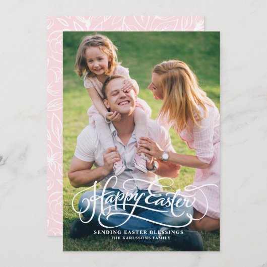 White Whimsical Script Happy Easter Photo Card Feestdagenkaart (Voorkant / Achterkant)