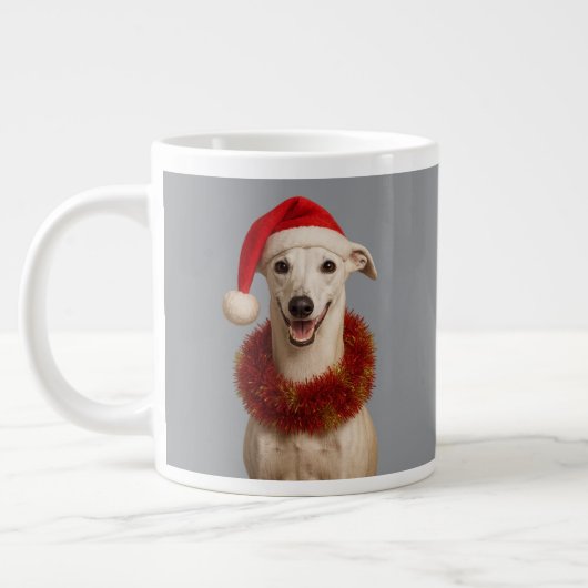 White whippet in Santa hat Christmas Grote Koffiekop (Links)