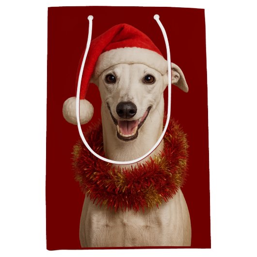 White whippet in Santa hat Christmas Medium Cadeauzakje (Voorkant)