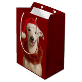 White whippet in Santa hat Christmas Medium Cadeauzakje (Achterkant Gekanteld)