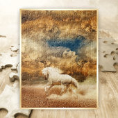 White Wild Horse Galloping in Desert, Stormy Sky - Legpuzzel