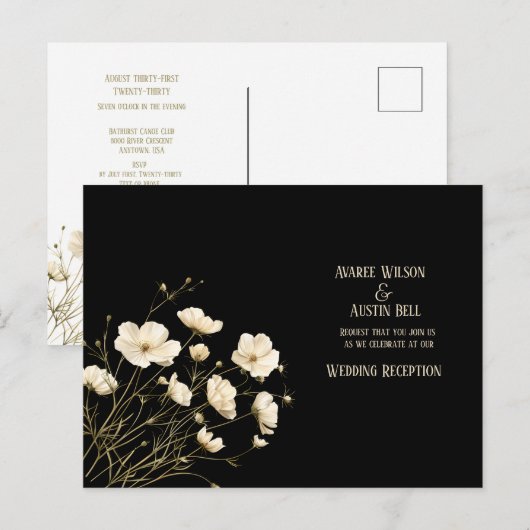 White Wild Poppies On Black Wedding Briefkaart (Voorkant / Achterkant)