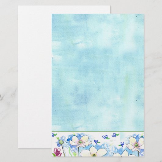 White Wildflower Blue Waterverf Wash Briefpapier (Voorkant / Achterkant)