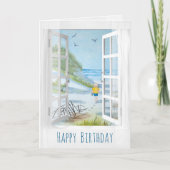 white window and curtain seashore scene birthday kaart (Voorkant)