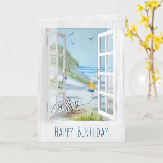white window and curtain seashore scene birthday kaart (Gele Bloem)
