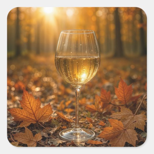 White Wine Glass In Autumn Maple Leaves Vierkante Sticker (Voorkant)