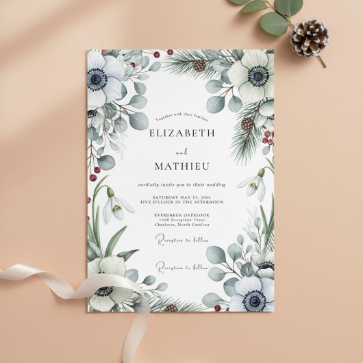 White Winter Botanical Romance Wedding Kaart