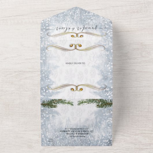 White Winter Celebration All in One Wedding Invite All In One Uitnodiging (Buitenkant)