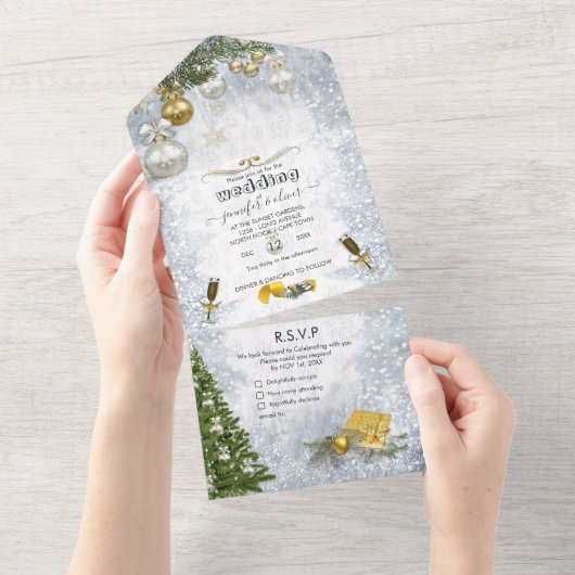 White Winter Celebration All in One Wedding Invite Uitnodiging (Afscheurbaar)
