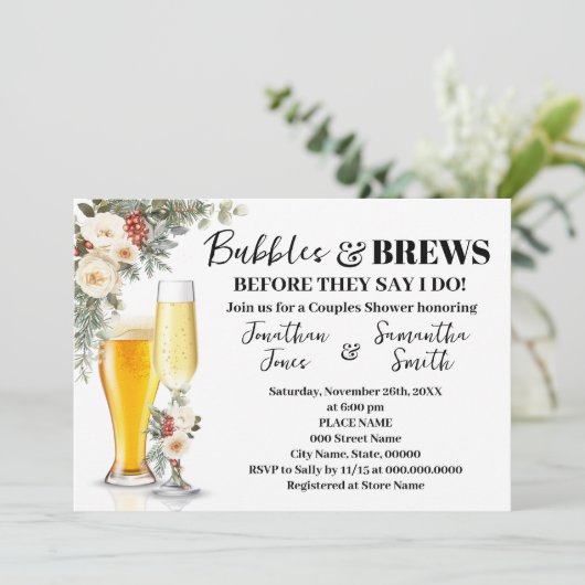 White Winter Floral Bubbles & Brews Bridal Shower Kaart (Staand voorkant)