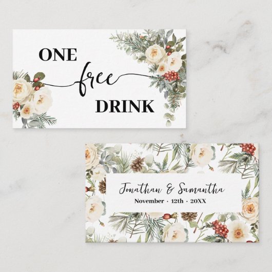White Winter Floral Free Drink Wedding Ticket Card (Voorkant / Achterkant)