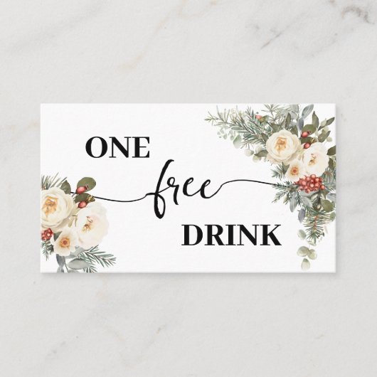 White Winter Floral Free Drink Wedding Ticket Card (Voorkant)