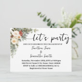 White Winter Floral Let's Party Engagement Kaart (Staand voorkant)