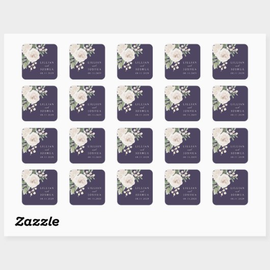 White Winter Floral Purple Wedding Vierkante Sticker (Vel)