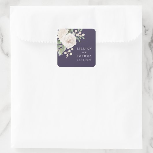 White Winter Floral Purple Wedding Vierkante Sticker (Tas)