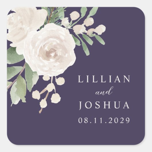 White Winter Floral Purple Wedding Vierkante Sticker (Voorkant)