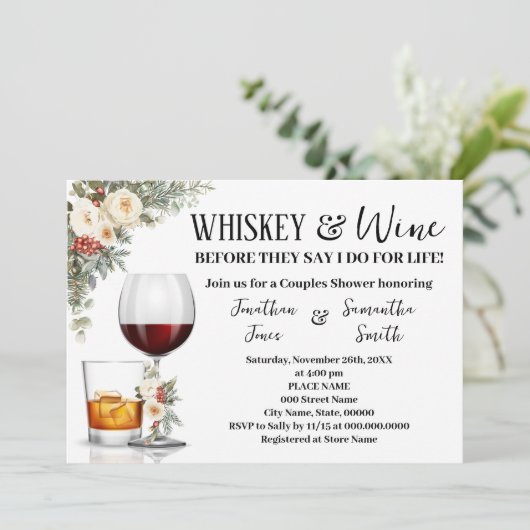 White Winter Floral Whiskey & Wine Couples Shower Kaart (Staand voorkant)