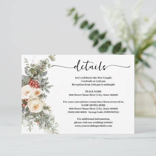 White Winter Flowers Wedding Details Insert Card Informatiekaartje (Staand voorkant)