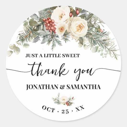 White Winter Flowers Wedding Thank You Ronde Sticker (Voorkant)