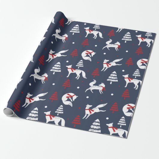 White Winter Forrest Foxes kerstboompatroon Cadeaupapier (Uitgerold)