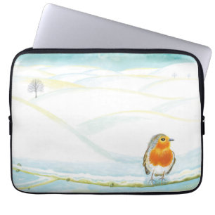 White Winter Landscape Illustratie met Robin Laptop Sleeve