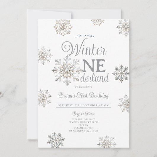 White Winter Onederland Silver Snowflakes Birthday Kaart (Voorkant)