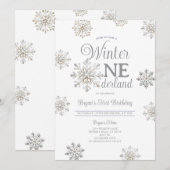 White Winter Onederland Silver Snowflakes Birthday Kaart (Voorkant / Achterkant)
