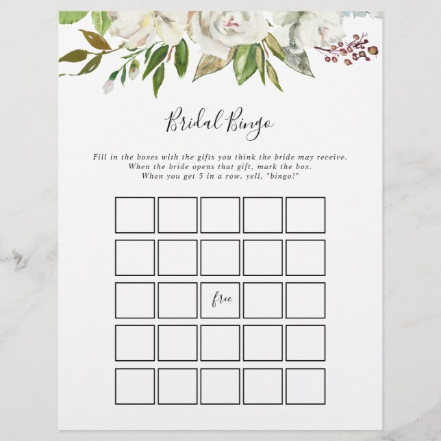 White Winter Peony Floral Bridal Bingo Game (Voorkant)