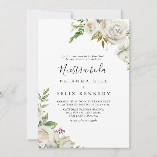 White Winter Peony Floral Nuestra Boda Wedding Kaart (Voorkant)
