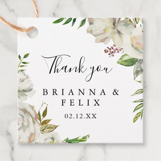 White Winter Peony Floral Wedding Bedankjes Labels (Voorkant)