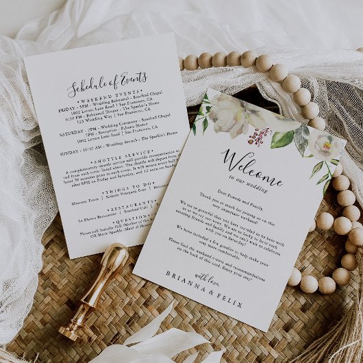 White Winter Peony Floral Wedding Welcome Letter