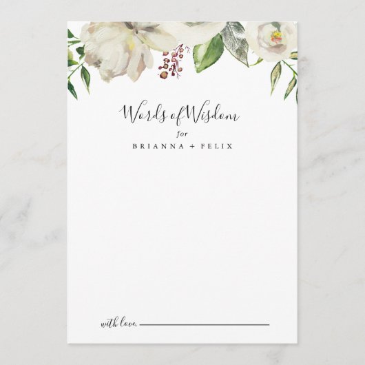 White Winter Peony Floral Wedding Words of Wisdom Advieskaart (Voorkant)