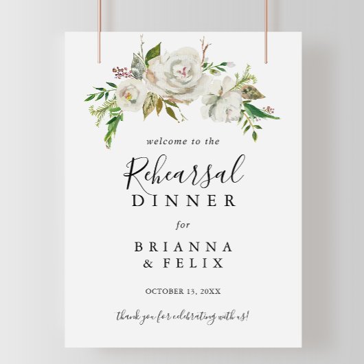 White Winter Peony Rehearsal Dinner Welcome Sign Poster