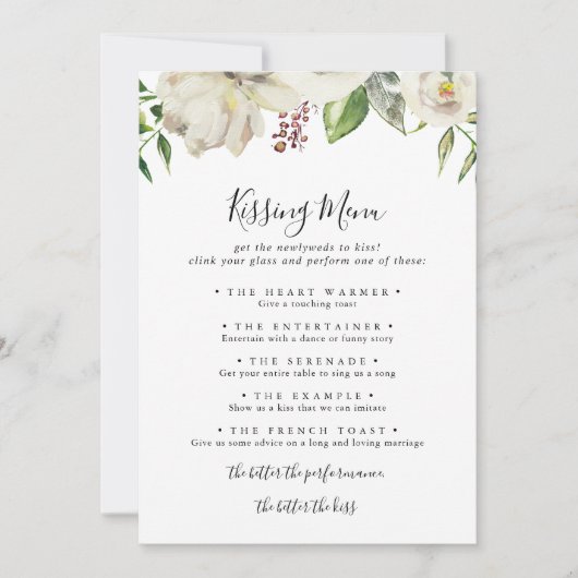 White Winter Peony Wedding Kissing Menu Game Kaart (Voorkant)