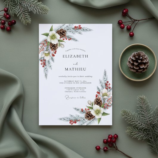 White Winter Pine Bloom Wedding Kaart