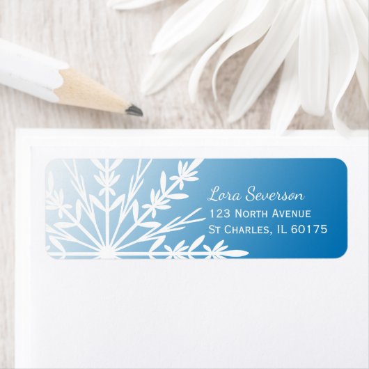 White Winter Snowflake op Blue Return Address Etiket (Insitu)