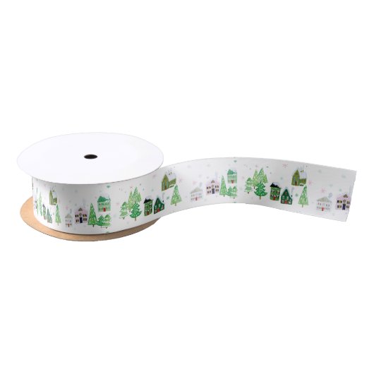 White Winter Village Satin Ribbon Satijnen Lint (Spoel)