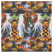 White Witch Kat Ghosts Pumpkins Halloween Stof (Close Up)